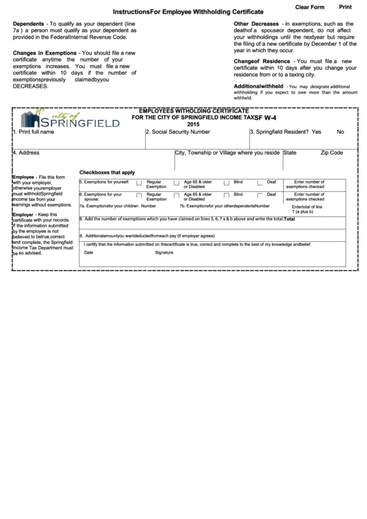 Fillable Form Sf W-4 - Employees Witholding Certificate For The City Of Springfield Income Tax - 2015 Printable pdf