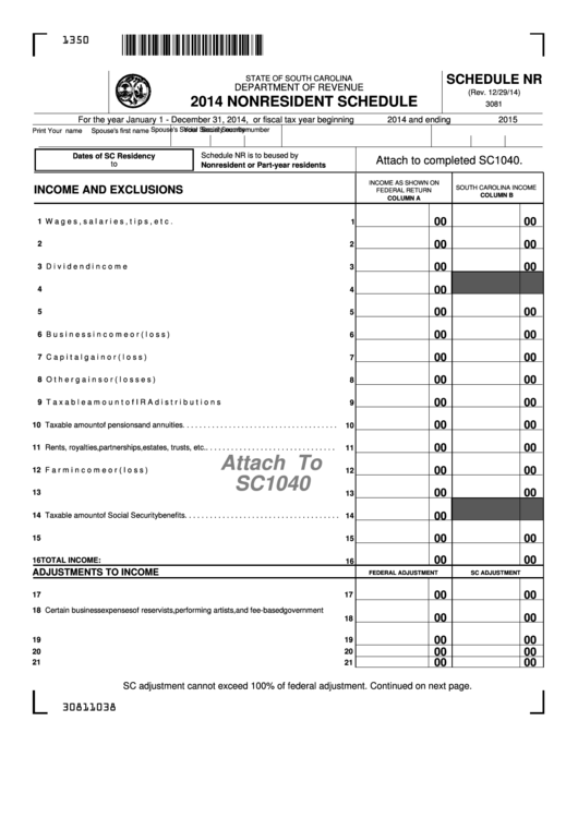 Form 3081 - Schedule Nr - Nonresident Schedule - 2014 Printable pdf