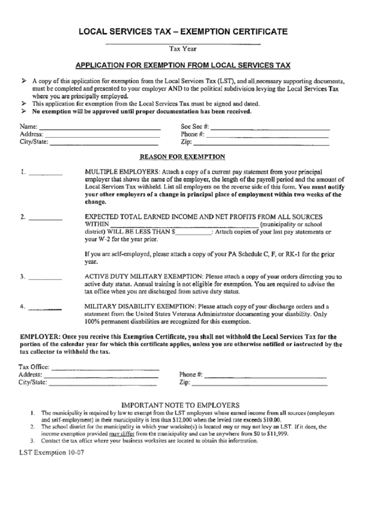 Lst Exemptation 10-07 Form - Examrtion Certificate - Application For Exeptation From Lst Printable pdf