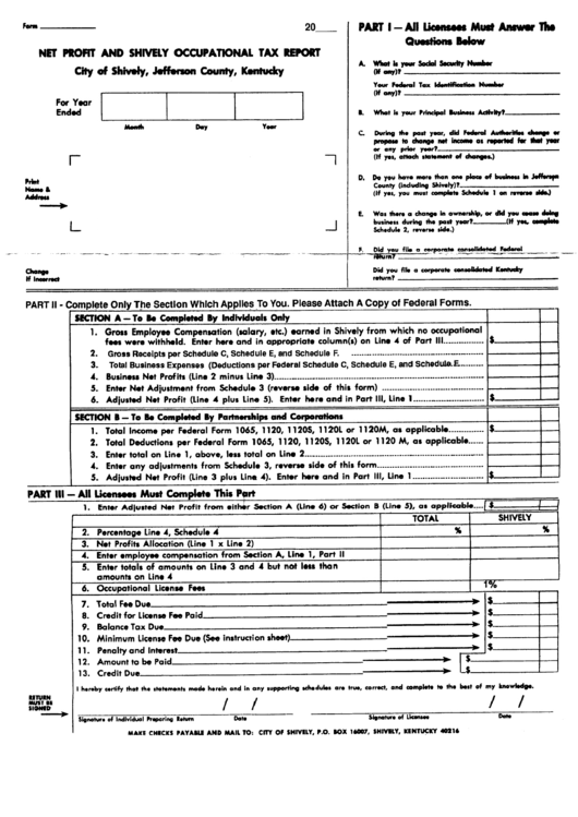 Net Report And Shively Occupational Tax Report Form - City Of Shively - Kentucky Printable pdf