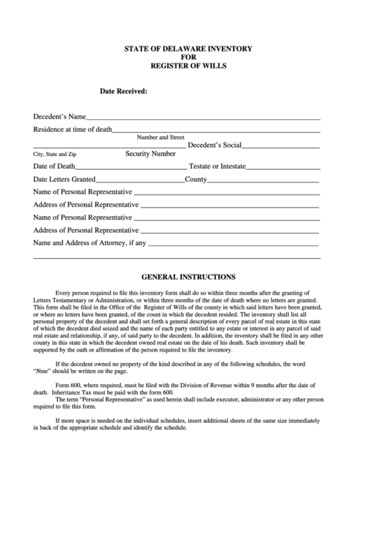 Form 600rw - Register Of Wills - State Of Delaware Inventory Printable pdf