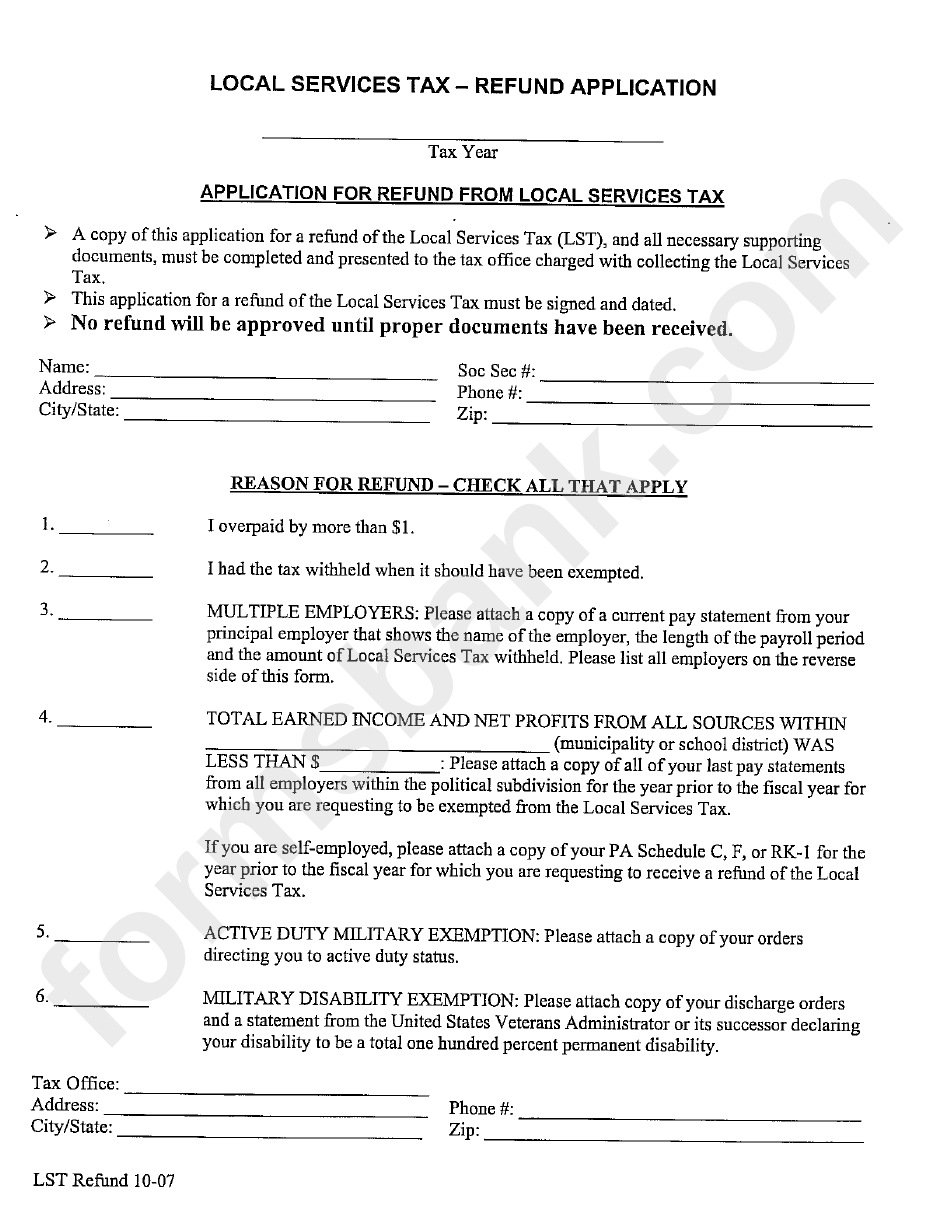 Form Lst Refund 10-07 - Application Fo Refund From Local Service Tax