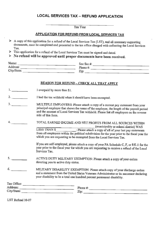 Form Lst Refund 10-07 - Application Fo Refund From Local Service Tax Printable pdf