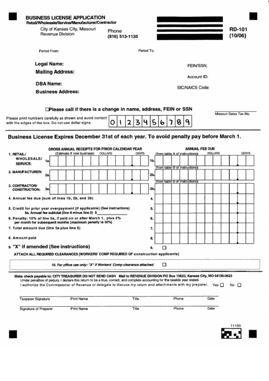Form Rd-101 - Business License Application - State Of Missouri Printable pdf