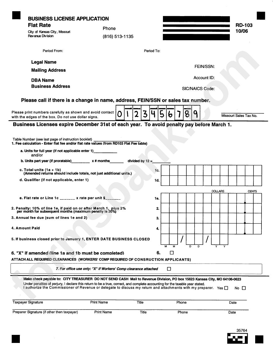 Form Rd-103 - Business License Applicaion Form - State Of Missouri