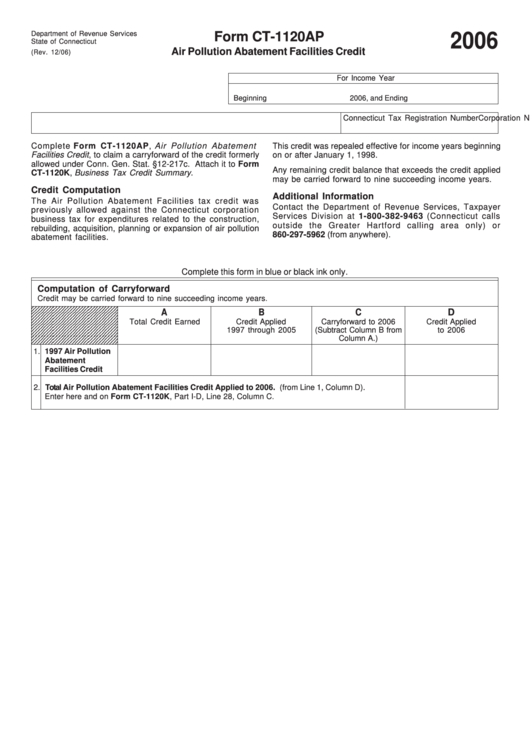 Form Ct-1120ap - Air Pollution Abatement Facilities Credit Printable pdf