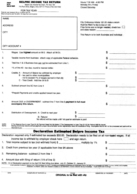 Belpre Income Tax Return Form - Belpre City Income Tax Department - Ohio Printable pdf