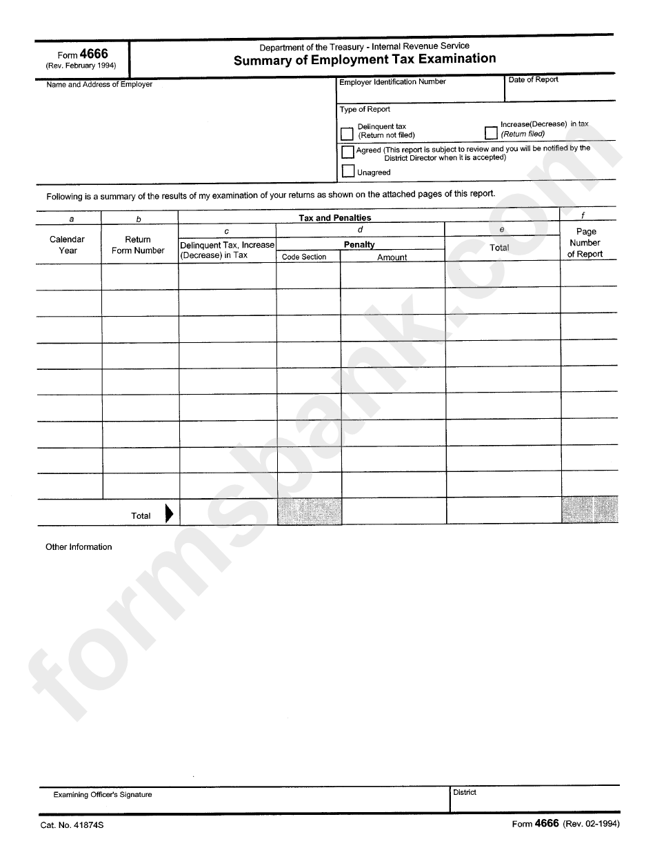Form 4666 - Summary Of Employment Tax Examination