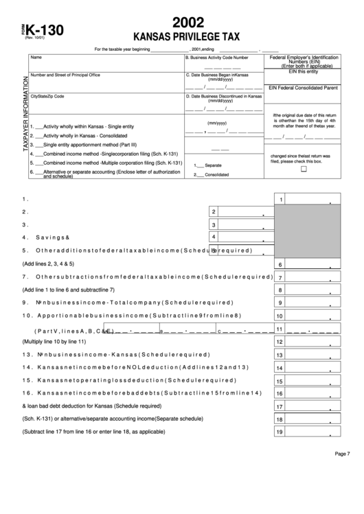 Form K-130 - Kansas Privilege Tax - 2002 Printable pdf