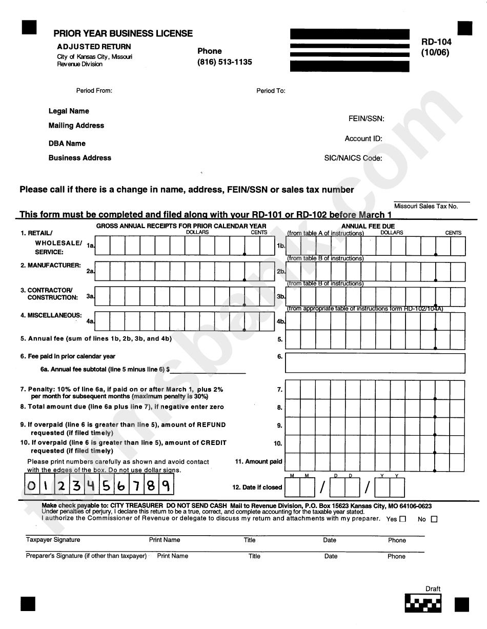 Form Rd104 Prior Year Business License State Of Missouri printable