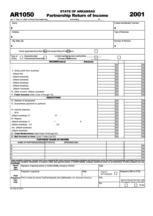 Form Ar1050 - Partnership Return Of Income - 2001 Printable pdf