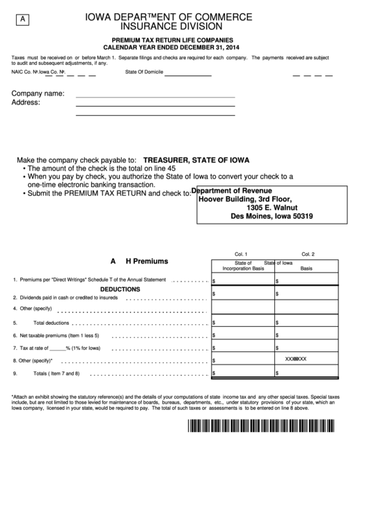 Form A - Premium Tax Return Life Companies - 2014 Printable pdf