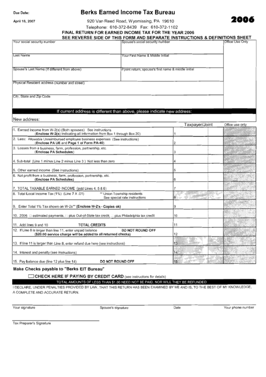 Final Earned Income Tax Return Form - 2006 Printable pdf