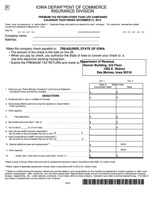 Form B - Premium Tax Return Other Than Life Companies - 2014 Printable pdf
