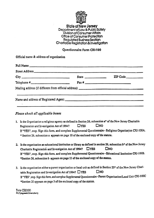 Form Cri-100 - Questionnaire - Chattable Registration And Investigation - Division Of Consumer Affairs - State Of New Jersey Printable pdf