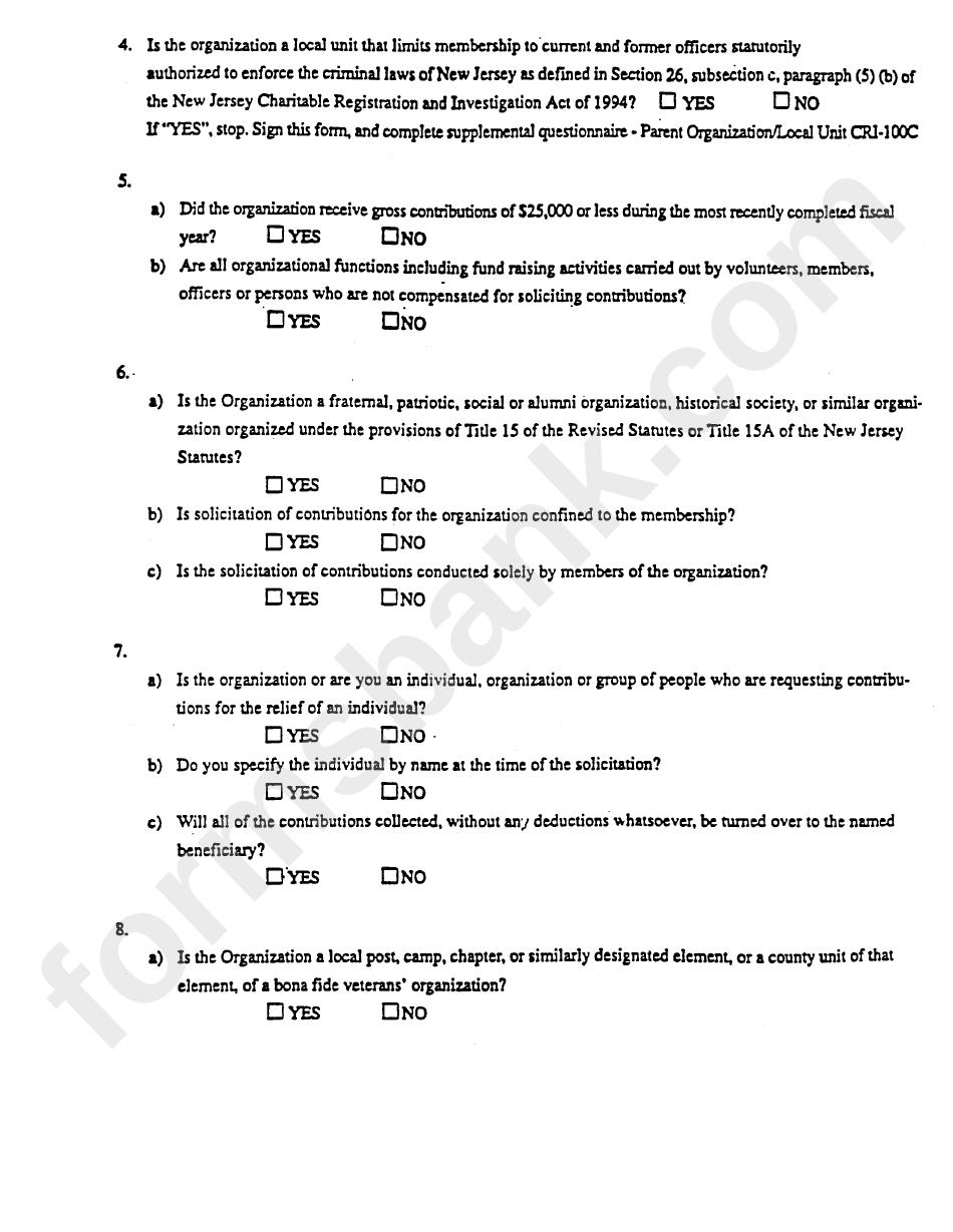 Form Cri-100 - Questionnaire - Chattable Registration And Investigation - Division Of Consumer Affairs - State Of New Jersey