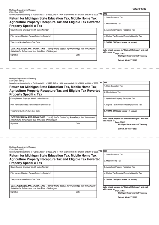 Fillable Form 2720 - Return For Education Tax, Mobile Home Tax, Agriculture Property Recapture Tax And Eligible Tax Reverted Property Specifi C Tax - State Of Michigan Printable pdf