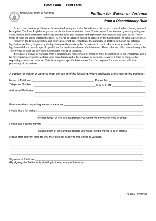 Fillable Form 76-005 - Petition For Waiver Or Variance - 2013 Printable pdf
