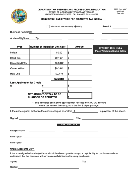 Dbpr Form Ab&t 4000a-006 - Requisition And Invoice For Cigarette Tax Indicia Printable pdf