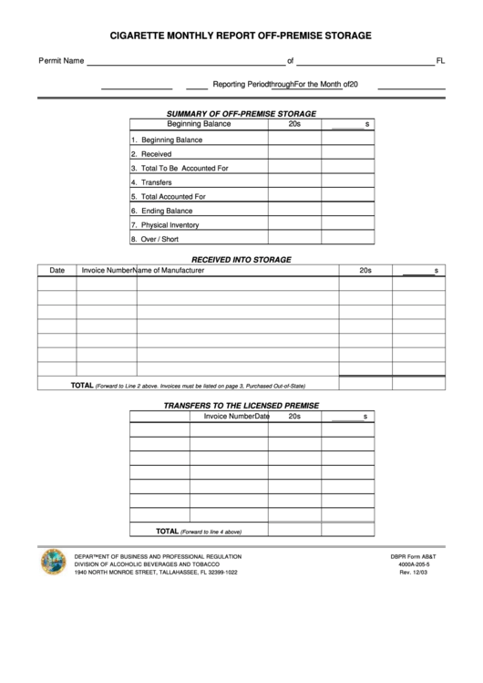 Dbpr Form Ab&t 4000a-205-5 - Cigarette Monthly Report Off-Premise Storage Printable pdf