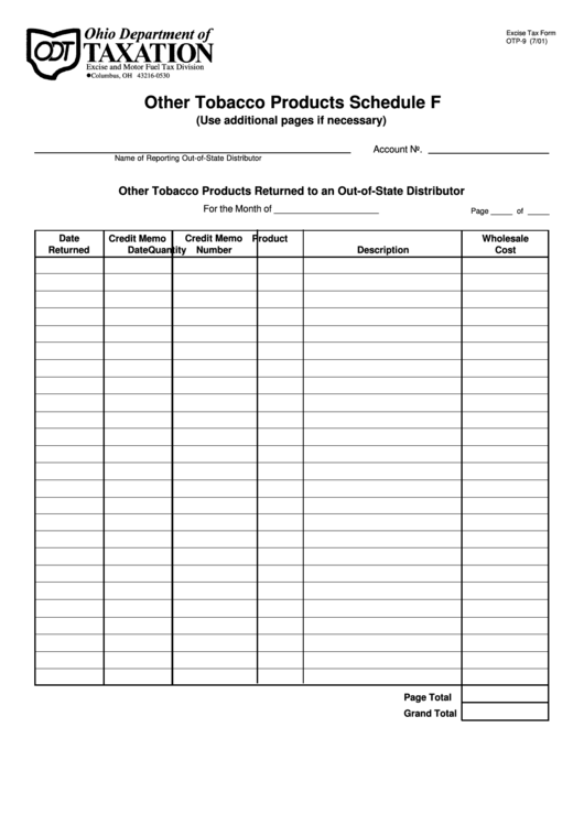 Fotm Otp-9 - Other Tobacco Products Schedule F Form - State Of Ohio Printable pdf