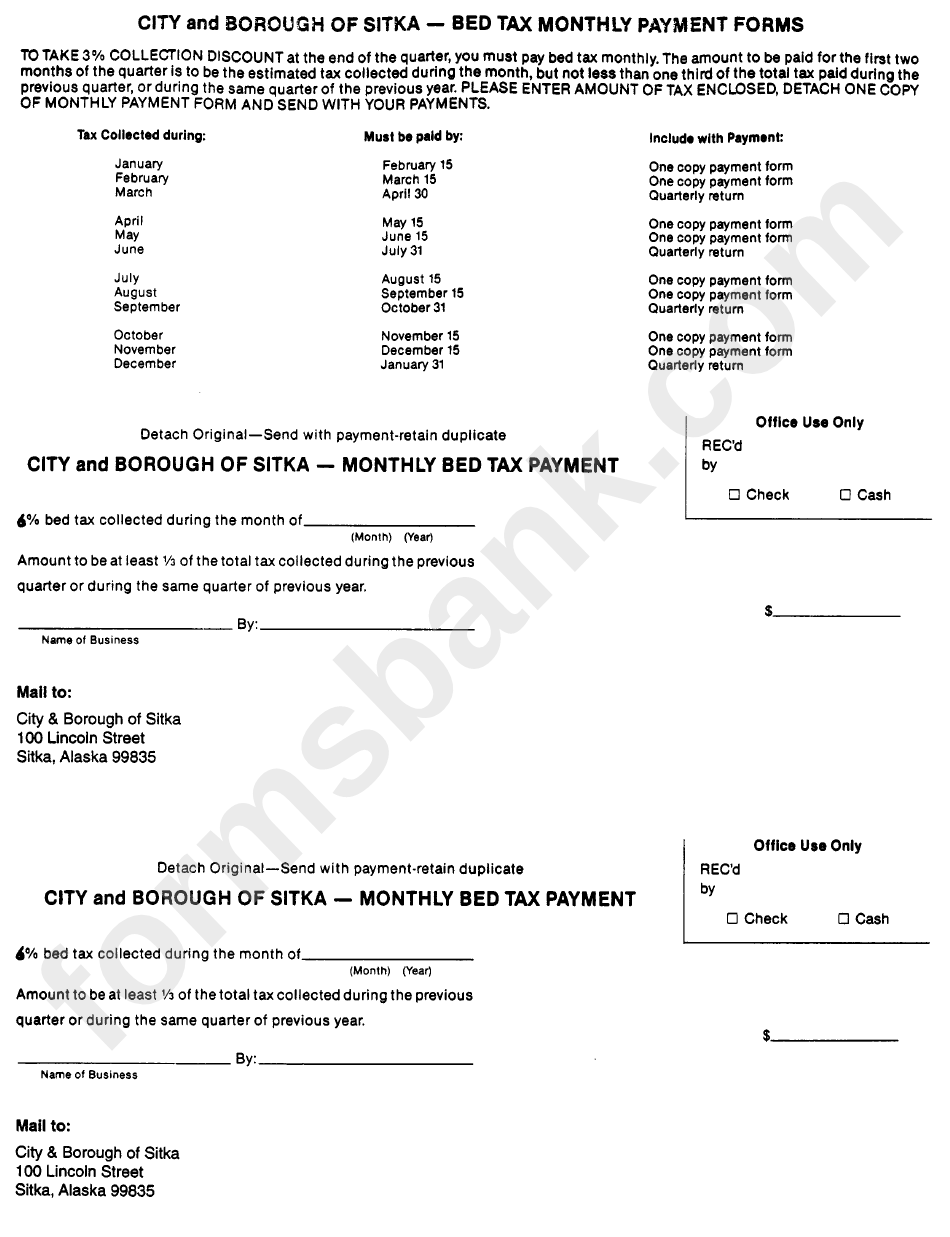 Bed Tax Monthly Payment Form printable pdf download