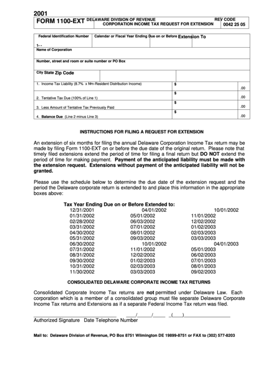 Form 1100-Ext - Corporation Income Tax Request For Extension 2001 Printable pdf