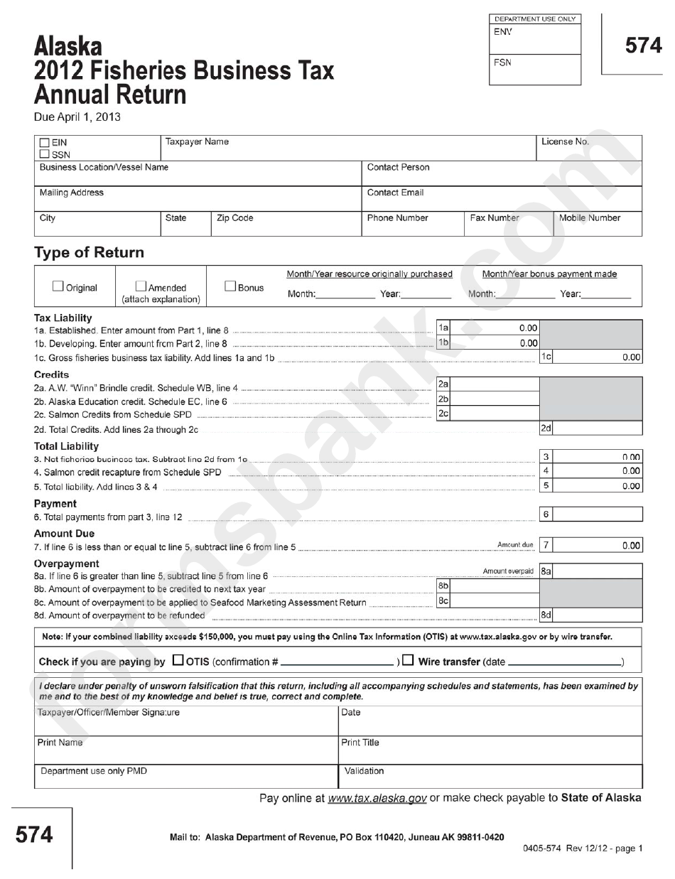 Form 574 - 2012 Fisheries Business Tax Annual Return Template - Alaska