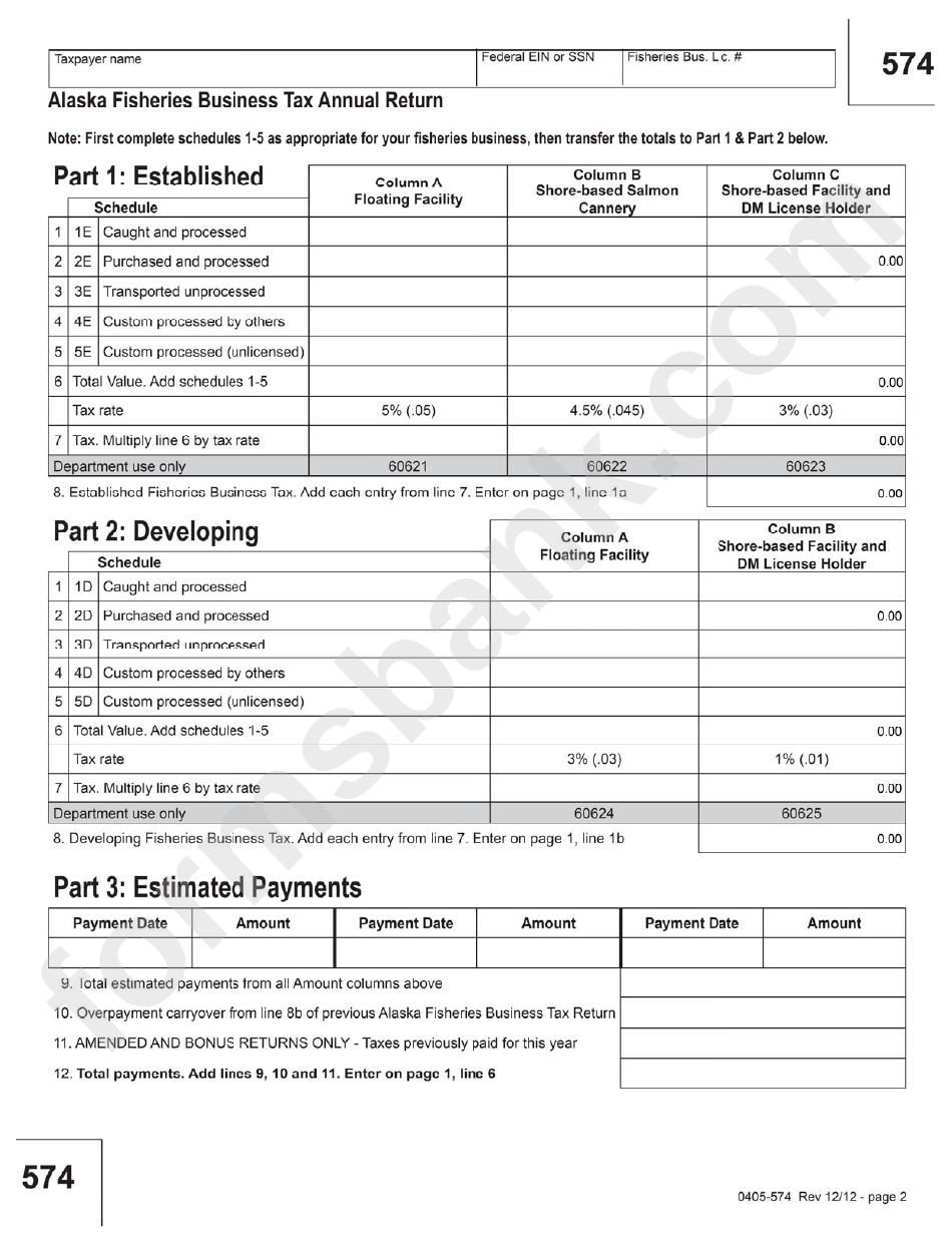 Form 574 - 2012 Fisheries Business Tax Annual Return Template - Alaska