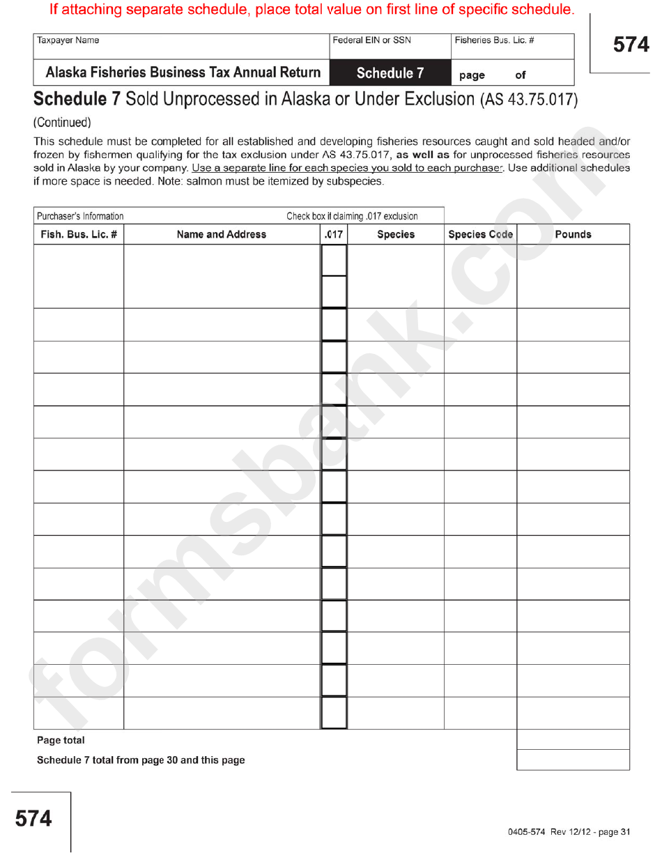 Form 574 - 2012 Fisheries Business Tax Annual Return Template - Alaska