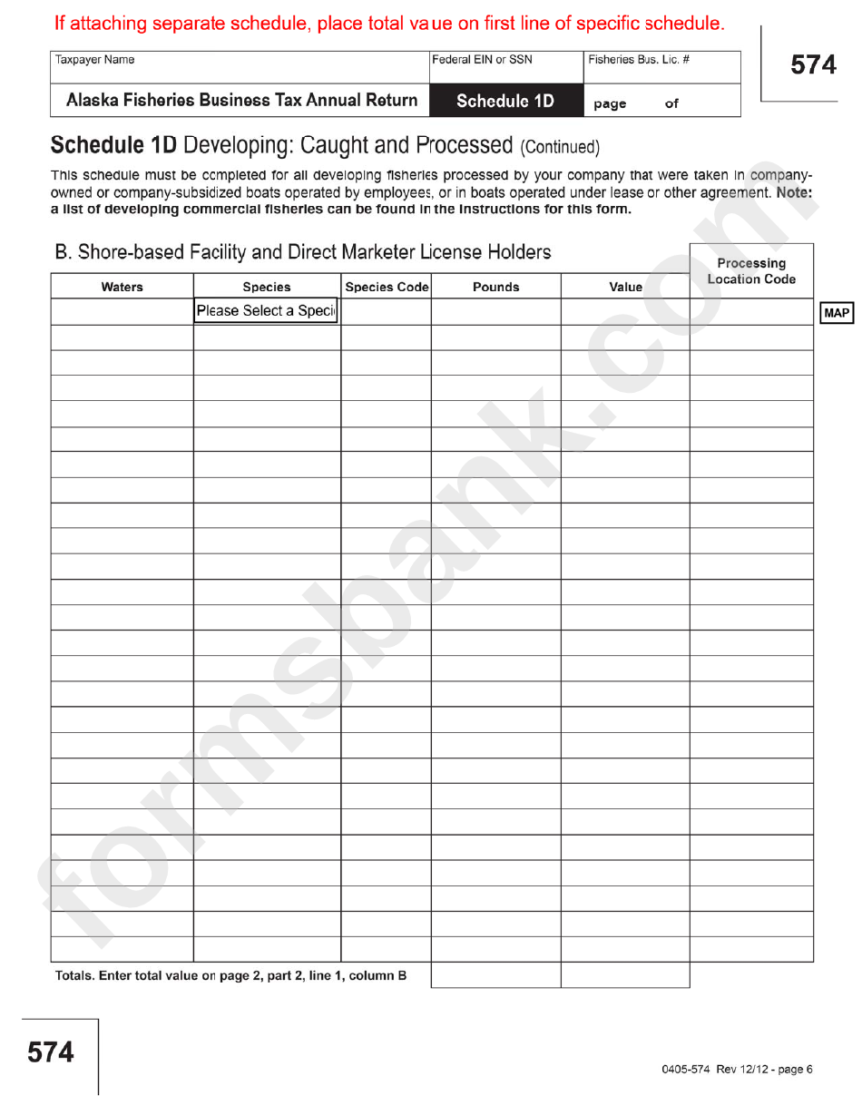 Form 574 - 2012 Fisheries Business Tax Annual Return Template - Alaska