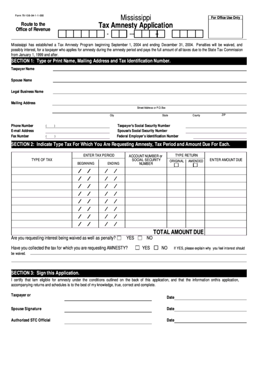 Form 70-108-04-1-1-000 - Tax Amnesty Application 2004 Printable pdf