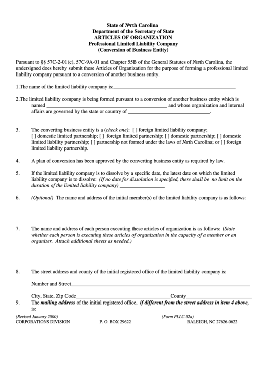 Form Pllc-02a - Articles Of Organization Professional Limited Liability Company Printable pdf