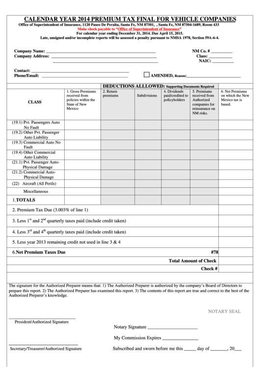 Fillable Form 303 - Premium Tax Final For Vehicle Companies - 2014 ...