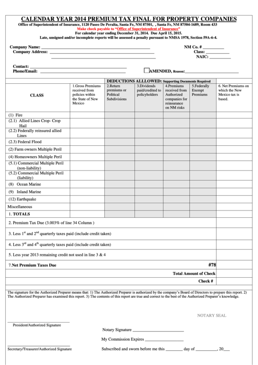 Fillable Form 302 - 2014 Premium Tax Final For Property Companies Printable pdf