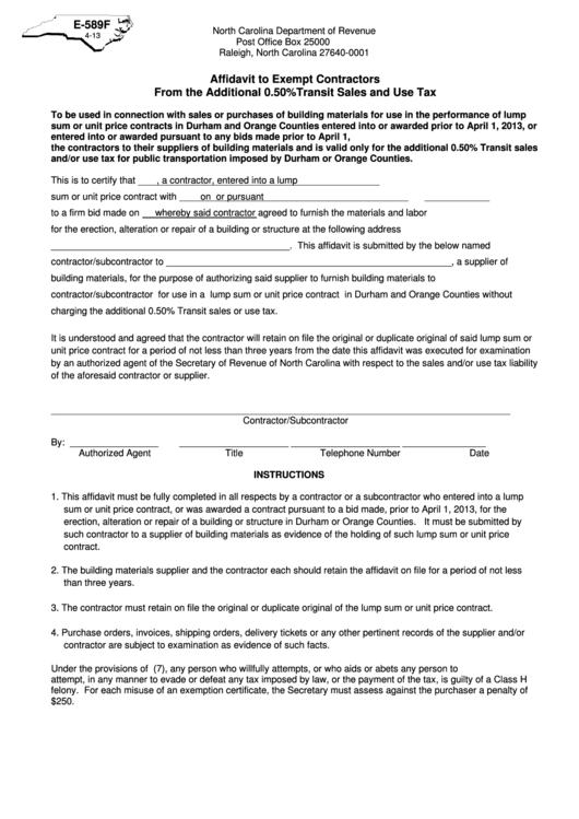 Form E-589f - Affidavit To Exempt Contractors From The Additional 0.50%transit Sales And Use Tax Printable pdf