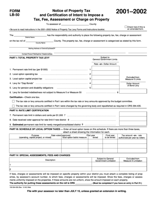 Fillable Form Lb-50 - Notice Of Property Tax And Certification Of Intent To Impose A Tax, Fee, Assessment Or Charge On Property - 2001-2002 Printable pdf