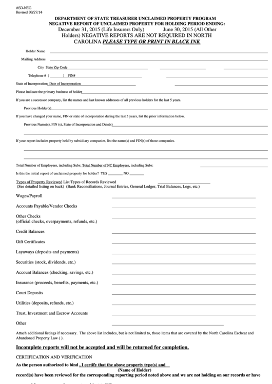 Form Asd-Neg - Negative Report Of Unclaimed Property For Holding Period Ending: Printable pdf
