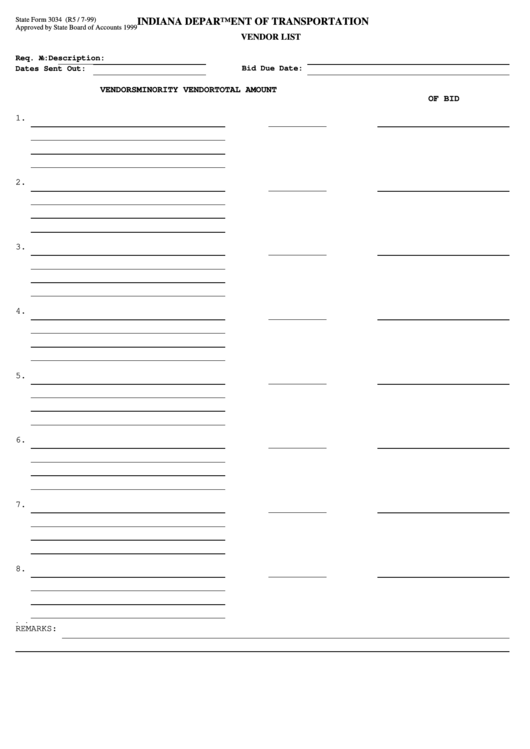 Fillable Form 3034 - Vendor List -Indiana Department Of Transportation Printable pdf