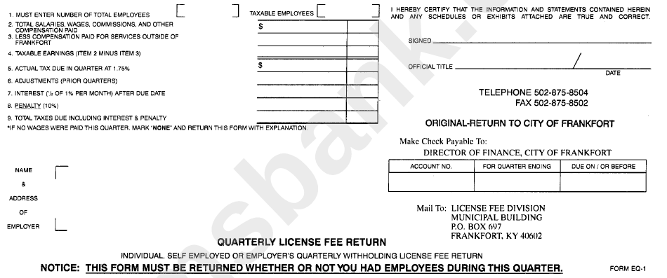 Quarterly License Fee Return Form