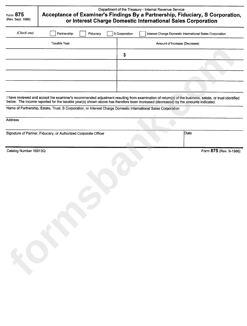 Form 875 - Acceptance Of Examiner