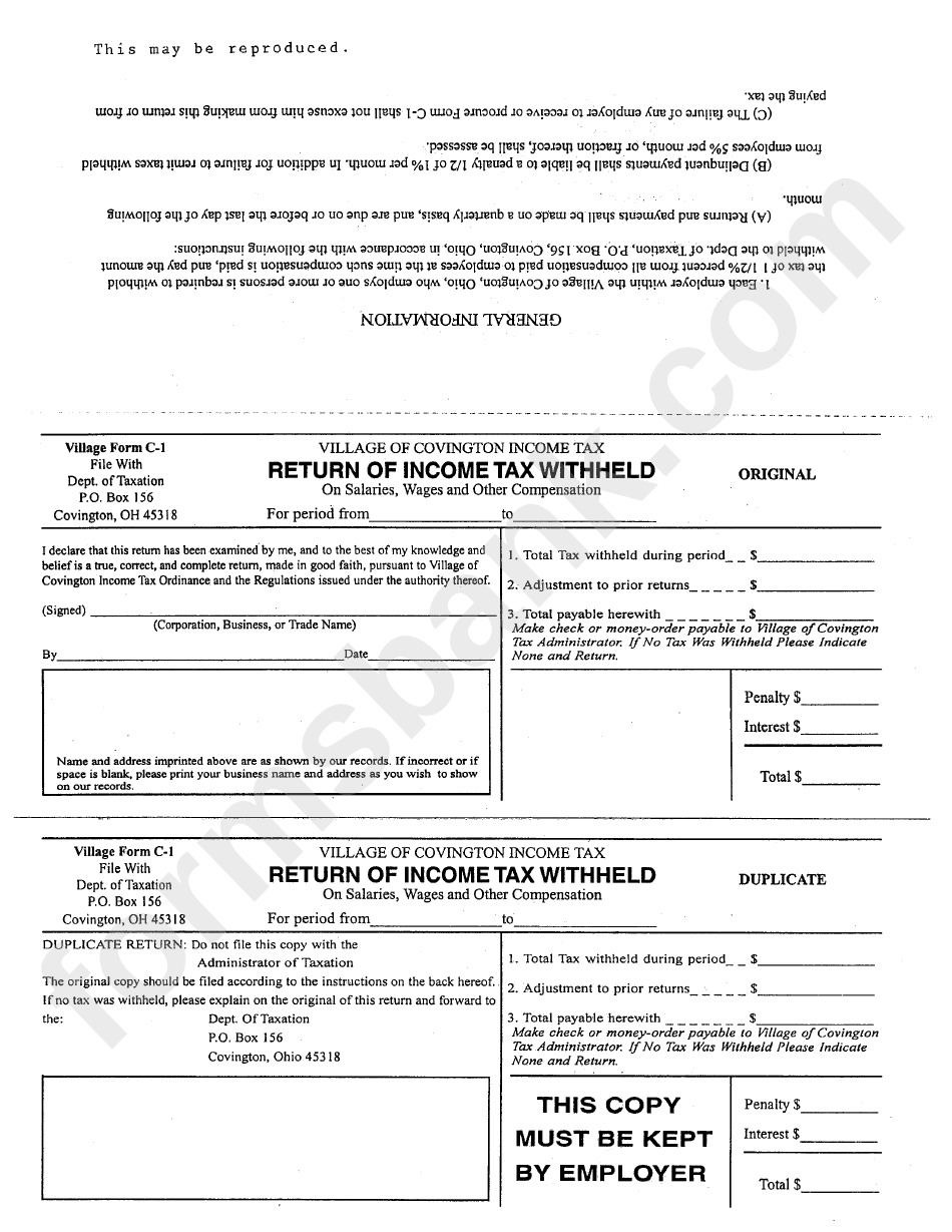 Form C-1 - Return Of Income Tax Withheld