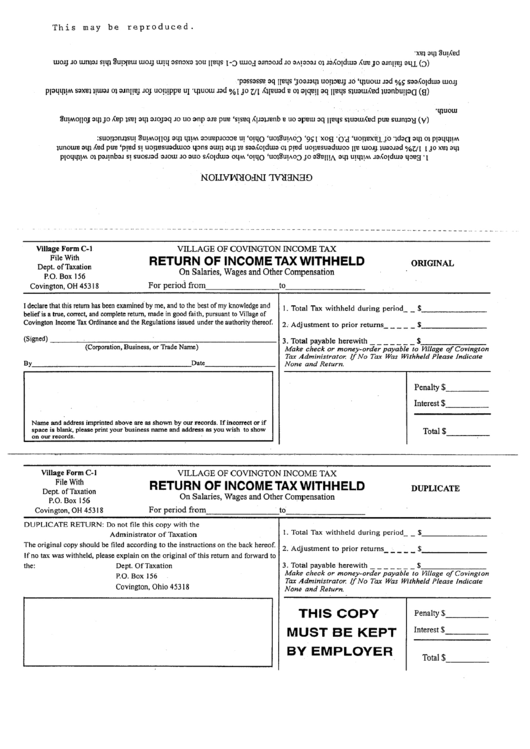 Form C-1 - Return Of Income Tax Withheld Printable pdf