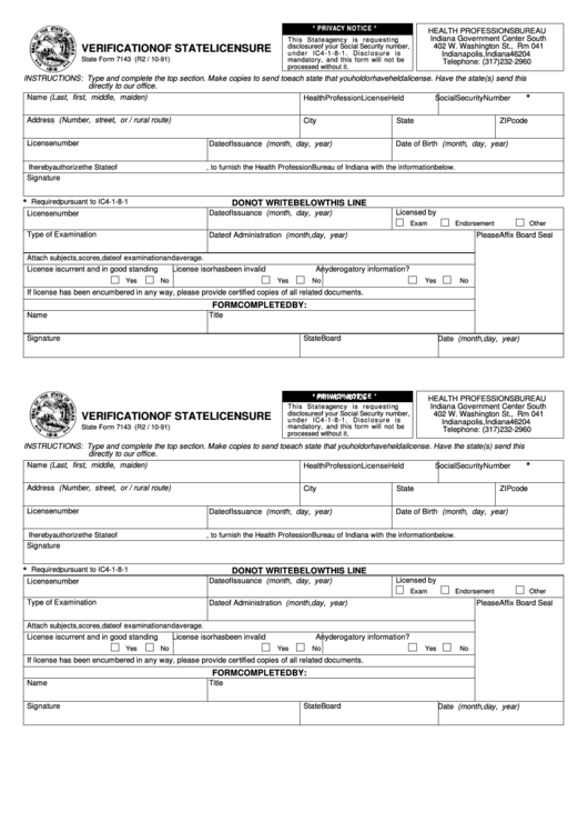 Fillable Form 7143 - Verification Of State Licensure Printable pdf