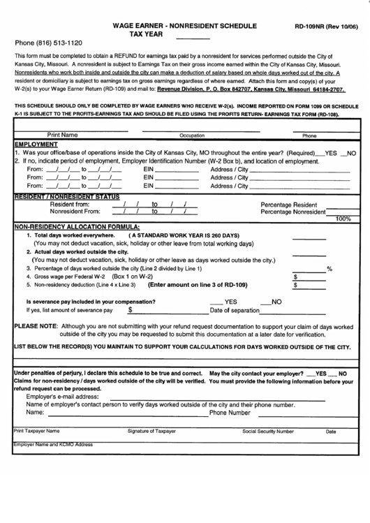 Form Rd-109nr - Wage Earner - Nonresident Scgedule Form - Revenue Division - Kansas City - Missouri Printable pdf