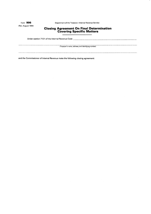 Form 906 - Closing Agreement On Final Determination Covering Specific Matters - Department Of The Treasury Printable pdf