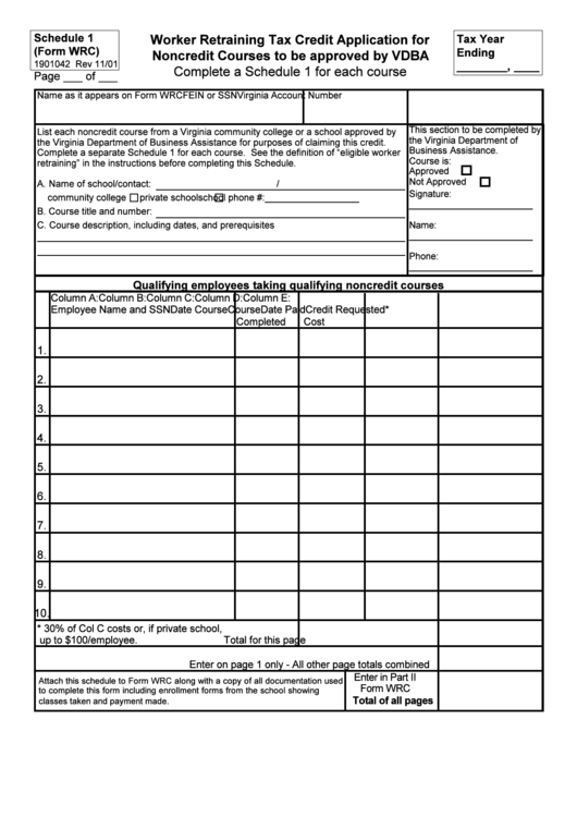 Form Wrc, Schedule 1 - Worker Retraining Tax Credit Application For Noncredit Courses To Be Approved By Vdba Printable pdf