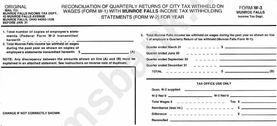 Form W-3 - Reconciliation Of Quarterly Returns Of City Tax Withheld On Wages