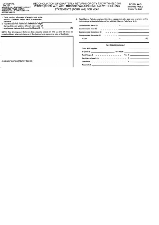 Form W-3 - Reconciliation Of Quarterly Returns Of City Tax Withheld On Wages Printable pdf