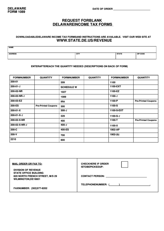 Form 1089 - Request For Blank Delaware Income Tax Form Printable pdf